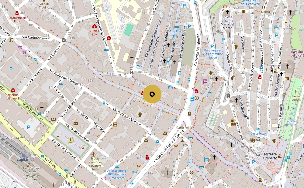 Mappa del quartiere Stampace a Cagliari con la posizione del Deja Vu Bistro in via Porto Scalas 1, sul Corso Vittorio Emanuele II vicino a piazza Yenne e al Largo Carlo Felice